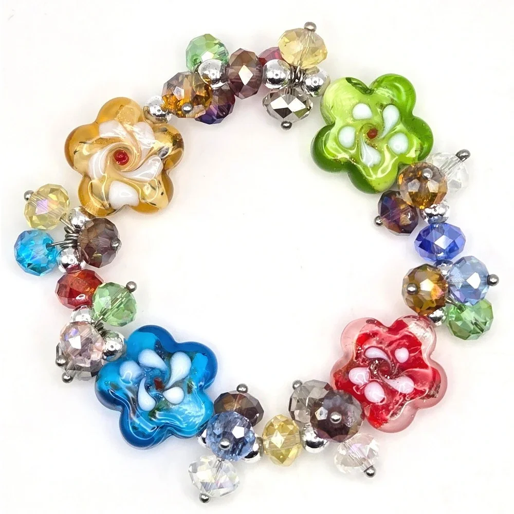 Handmade Lampwork Flower and‎ Art Glass Bead Stretch Bracelet Set Multicolored